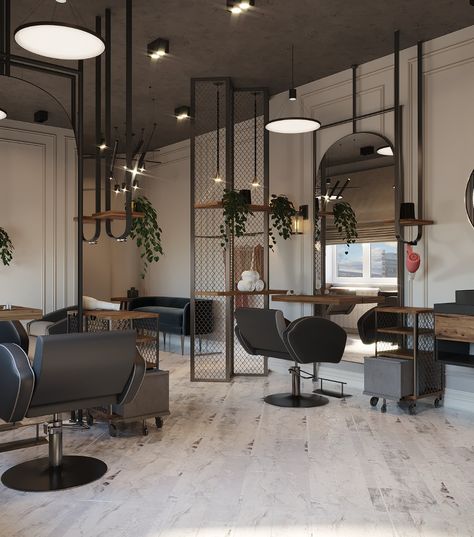 Modern Industrial Salon Design, Industrial Salon Design Interiors, Hair Salon Waiting Area Ideas, Industrial Hair Salon, Hair Salon Interior Design Luxury, Hairsalon Inspiration, Black Salon Interior, Industrial Salon Design, Industrial Salon Decor