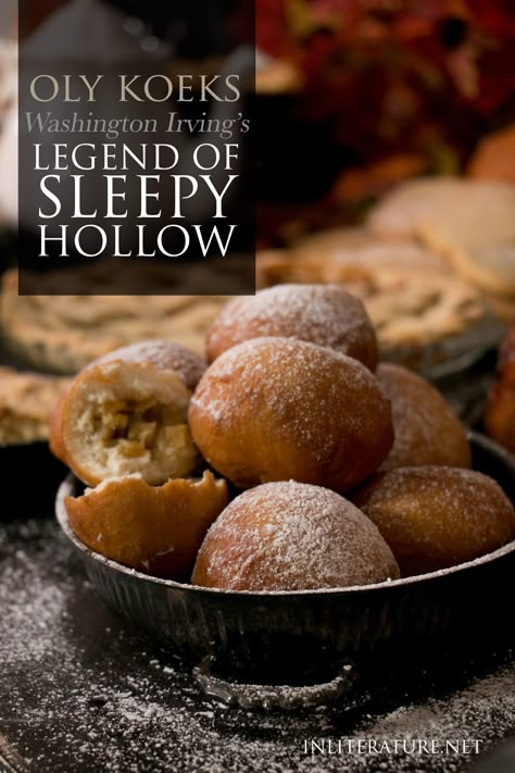 Oly Koek and Doughty Doughnut recipes | Sleepy Hollow | In Literature Tim Burton Recipes, Sleepy Hallow Recipes, Sleepy Hollow Dinner Party, Sleepy Hollow Recipes, 1800s Recipes, Fantasy Meals, Fictional Recipes, Colonial Halloween, Movie Inspired Recipes