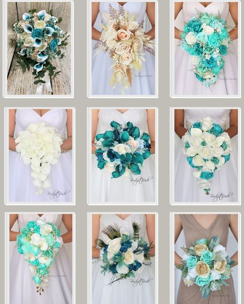 Tiffany Blue Bouquet, Tiffany Blue Wedding Flowers, Aqua Wedding Theme, Turquoise Wedding Bouquets, Turquoise Bride, Purple Turquoise Wedding, Teal Bouquet, Tiffany Blue Wedding Theme, Grey Wedding Theme