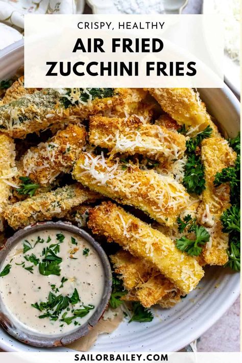 Crispy, crunchy, zucchini fries baked in the air fryer or the oven. Perfect snack, appetizer or side. Full of savory flavor. 
 #glutenfree #snacks via @sailor_bailey Air Fried Zucchini Sticks, Zucchini Fries Air Fryer, Crunchy Zucchini, Zucchini Fries Baked, Fries Air Fryer, Air Fryer Zucchini Fries, Airfry Recipes, Sailor Bailey, Air Fryer Zucchini