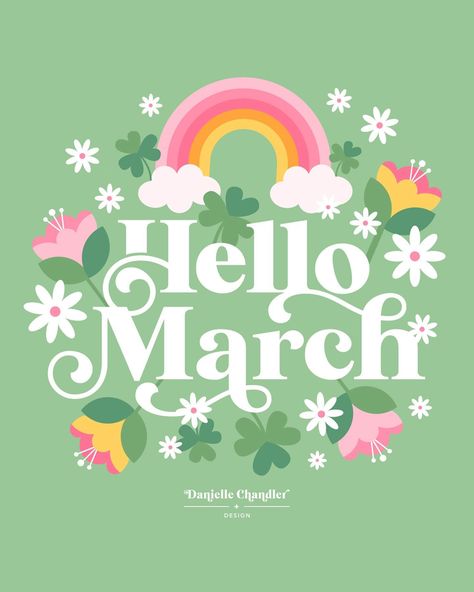 St Patrick's Day Graphic Design, March Typography, March Wallpaper Backgrounds, Hello March Wallpaper, March Doodles, March Lettering, Hello March Images, March Background, March Illustration