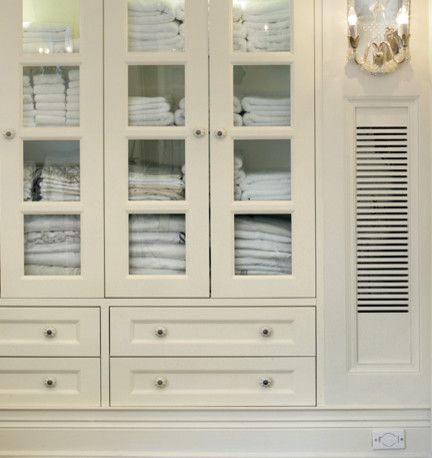 glass fronted linen cabinet Linen Closet Design, Bathroom Linen Closet, Custom Bathroom Cabinets, Bathroom Cabinets Diy, Linen Closets, Stunning Homes, Condo Remodel, Linen Cabinets, Linen Cupboard