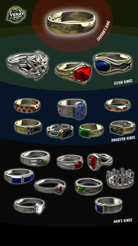 By the forging of the Dark Lord! 🌟💍 I’ve modeled all the rings distributed by Sauron: the 3 for the Elves, the 9 for the Men, and the 7 for the Dwarves. The model includes a wooden-themed display stand for all the rings. Lord Of The Rings The One Ring, Mens Rings Lord Of The Rings, Lord Of The Rings One Ring, Elves Rings Of Power, Lord Of The Rings Rings Of Power, Lord Of The Rings Ring Of Power, Lord Of The Rings Sauron, Lord Of The Rings Ring, Lotr Ring