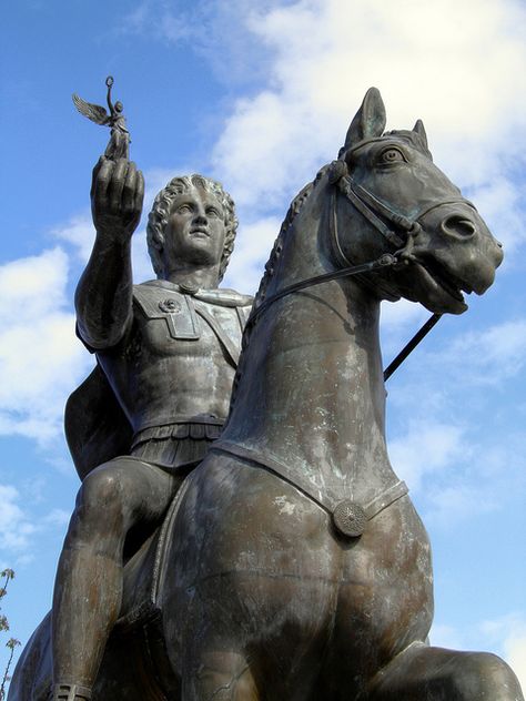 Statue of Alexander the Great riding Bucephalus and carrying a winged statue of Nike (square of Alexander the Great) in Pella city Winged Statue, Alexander The Great Statue, Ancient Alexandria, Macedonia Greece, Greek Pantheon, Equestrian Statue, The Great, Greek History, Egypt History