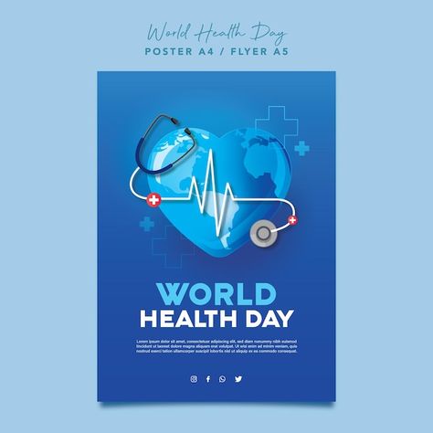 Vector world health day poster design wi... | Premium Vector #Freepik #vector World Health Day Social Media Post, World Health Day Poster Design, Health Day Poster Design, World Health Day Poster, Health Day Poster, Heart And Stethoscope, Organize Posters, World Health Day, About World