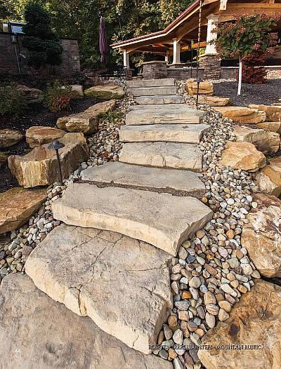 31+ Creative Garden Step and Stair Ideas To Enhance Your Landscaping Lake Landscaping, Landscape Stairs, Landscape Steps, Landscape Design Ideas, Sloped Yard, Sloped Backyard, Stone Steps, Landscaping Retaining Walls, Garden Stairs