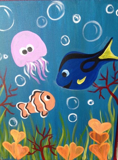 Fish Ocean Drawing, Under The Sea Canvas Painting, Ocean Animals Painting Acrylic Easy, Summer Animals Drawing, Ocean Themed Paintings Easy, Cute Fish Painting, Sea Animal Paintings Easy, Painting Fish Easy, Painting Fish Acrylic