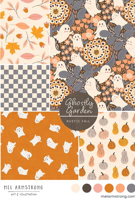 Cute Ghostly Pattern collection is available on Fabric, Wallpaper & Home Decor from Spoonflower #melarmstrong #halloween #fabriccollection Fall Pattern Illustration, Surface Pattern Design Collections, Fall Motifs, Mel Armstrong, Cheater Quilt Fabric, Fall Sewing Projects, Woodland Pattern, Surface Pattern Design Inspiration, Graphic Portfolio