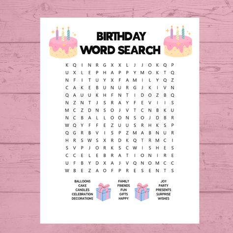 This is a fun birthday word search to do with your friends or family members at a birthday party. It consists of 15 birthday-themed words. An answer key is included. Perfect for birthday games,  slumber parties, and birthday printables for kids. #birthdaywordsearch Birthday Activities For Kids, Birthday Word Search, Party Games Birthday, Printable Birthday Games, Scramble Words, Slumber Party Games, 15 Birthday, Christmas Art Projects, Hello Kitty Birthday Party