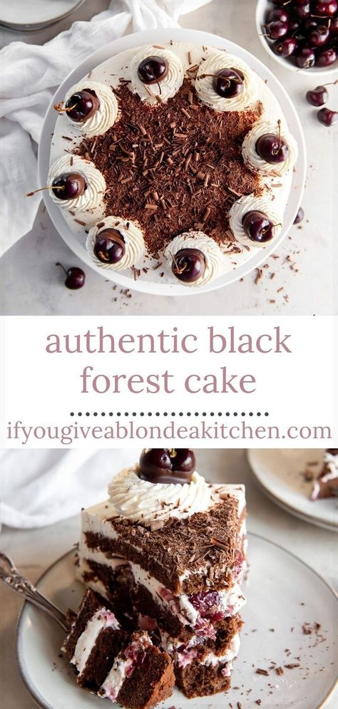 This black forest cake is hard to resist with its chocolate cake layers, cherry kirsch filling and homemade whipped cream frosting. This cake, also known as Schwarzwälder Kirschtorte, comes straight from Germany and is simple to make from scratch! Great for holidays and special occasions! Homemade Whipped Cream Frosting, Chocolate Cake Layers, Black Forest Cake Recipe, Boozy Cupcakes, Make From Scratch, Tart Cherry Juice, Easy Chocolate Desserts, Cake Frosting Recipe, Whipped Cream Frosting