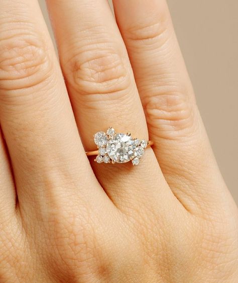 Redesign Engagement Ring Ideas, 6 Diamond Ring Design, Unusual Engagement Rings Unique Vintage Weddings, Repurpose Diamond Ring, Engagement Ring Redesign, Reset Engagement Ring Ideas, Multi Diamond Engagement Ring, Repurposed Engagement Ring, Heirloom Jewelry Redesign