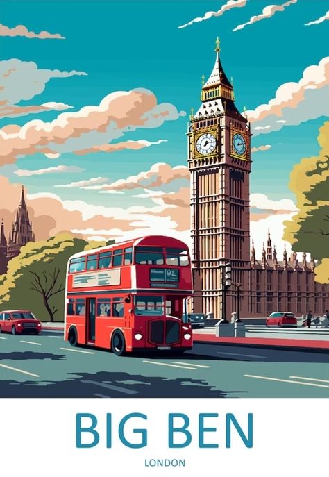 London City Illustration, Europe Postcard, London City View, London Postcard, Art Deco Travel Posters, London Travel Poster, Wanderlust Decor, Big Ben London, Retro Travel Poster