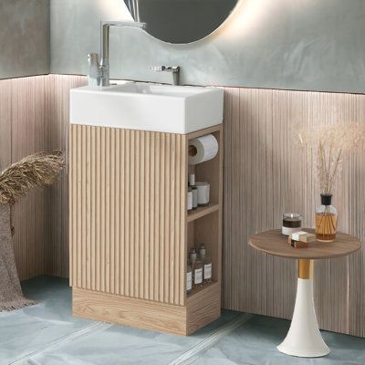 Ebern Designs Sangre 18.6'' Free Standing Single Bathroom Vanity with Ceramic Top | Wayfair Toilet Sink Cabinet, Vanity Powder Room, Wash Basin Cabinet, Very Small Bathroom, Small Bathroom Sinks, Bathroom Sink Cabinets, Toilet Sink, Tagaytay, Single Hole Faucet