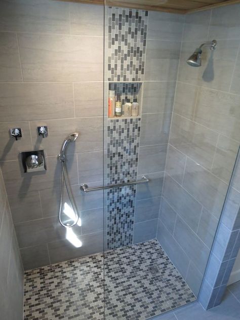 like the vertical line of accent that matches the floor tile.....    Amazing Waterfall Shower Modern And Innovative Designs: Enjoyable Two Handle Mixer Taps: White Shower Tile, Garage Suite, Oak House, Waterfall Shower, Shower Floor Tile, Mosaic Bathroom, Floor Tile Design, Bathroom Shower Tile, Bathroom Remodel Shower