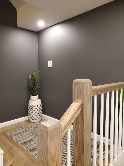 Dark Gray Basement, Finished Basement Stairs, Grey Painted Rooms, Dark Gray Paint, Gray Basement, Charcoal Grey Paint, Basement Colors, Basement Paint Colors, Basement Finish