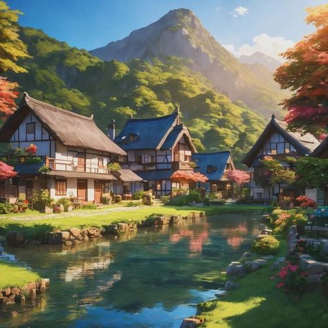 Idyllic country village with a stunning view of the mountains! ✨️ #countryvillage #village #art #digitalart #digitalaiart #aiart #aiartwork #aiartcommunity #landscapeart #countryside #digitalillustration Fantasy Village, Village Art, Background Ideas, Mountain Village, Anime Background, Stunning View, Landscape Art, The Mountain, Digital Illustration