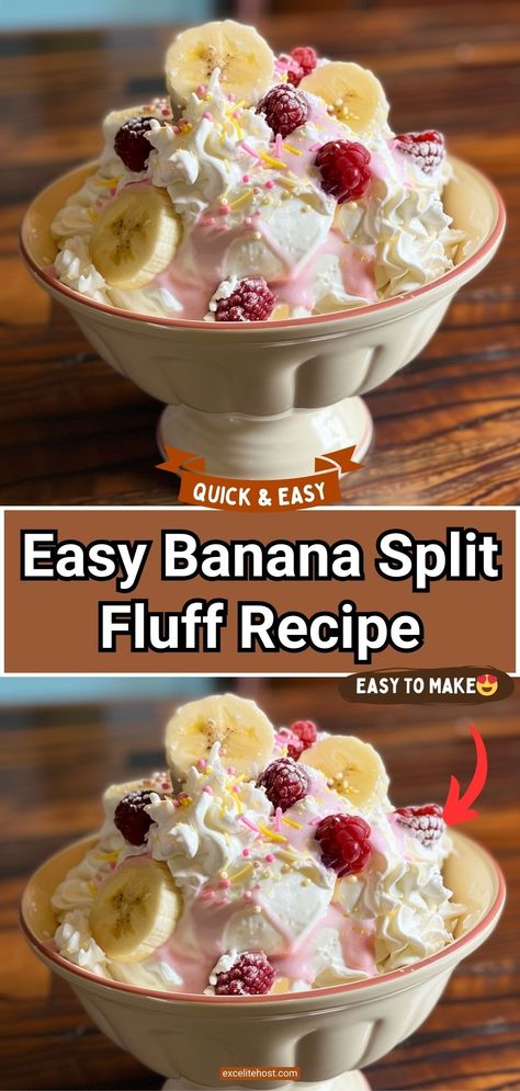 Banana Split Fluff Banana Split Salad Recipe, Banana Split Fluff Salad, Banana Split Fluff, Espresso Cookies Recipe, Banana Split Recipes, Marshmallow Fluff Recipes, Fluff Salad Recipes, Instant Banana Pudding, Banana Cream Pudding