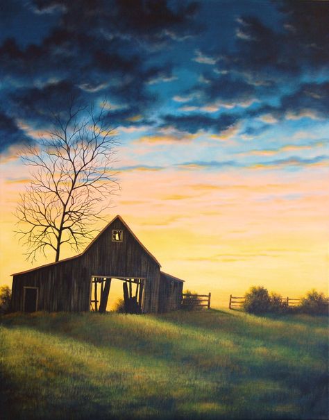 The Last Sunset Barn Farm 24x18 Oil on stretched canvas http://janetpadenspaintings.blogspot.com/2011/04/last-sunset-20x28-acrylic-on-stretched.html Landscape Ideas Painting, Diy Canvas Painting, Watercolor Barns, Barn Pictures, Bob Ross Paintings, Farm Paintings, Barn Painting, Barn Art, A Barn