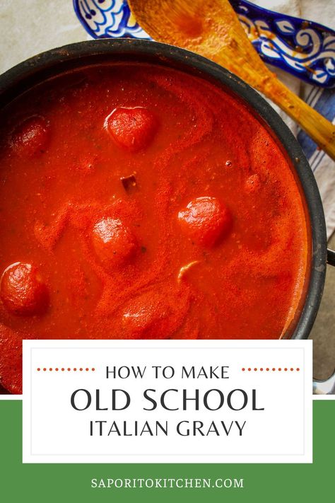 This old school italian gravy is the perfect homemade marinara sauce for pizza or pasta #italiangravy #marinara #pastasauce #italianrecipes Pasta Gravy Recipe, Best Sunday Sauce Recipe, Homemade Authentic Italian Pasta Sauce, Homemade Italian Pasta Sauce, Italian Sauces For Pasta, Italian Gravy Authentic, Nonnas Italian Recipes, Sunday Gravy Recipe Italian, Sunday Sauce Italian