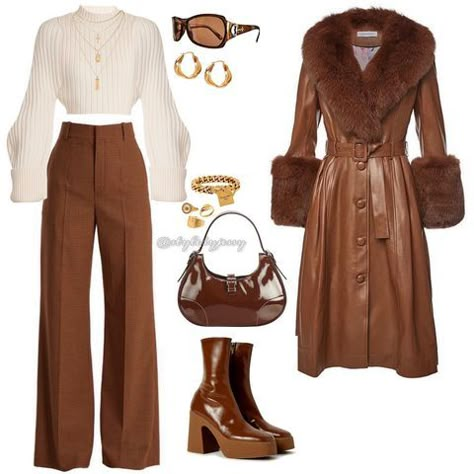 80k Followers, Brown Leather Coat, 70s Inspired Fashion, 70s Outfits, فستان سهرة, Brown Pants, Mode Inspo, Looks Chic, White Cardigan