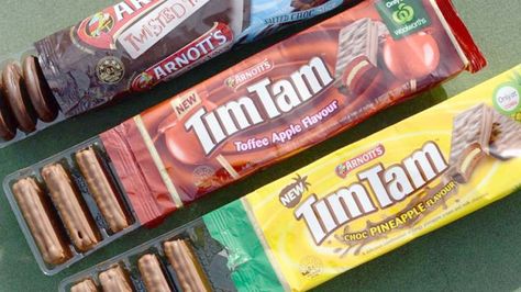 Timtam new flavours : Toffee Apple, Salted Choc, Choc Pineapple) Australian Candy, Tim Tams, Chibi Food, Best Cookies Ever, Tim Tam, Free Printable Coupons, Toffee Apple, Australian Food, People Food