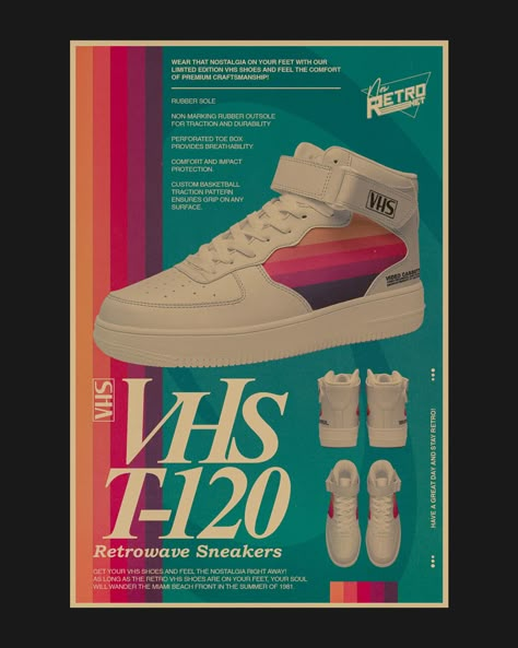 [VHS T-120 Retrowave Sneakers] @newretronet This is a one of a kind collaboration for me because we share similar tastes, which work nicely combined on this poster. For those who enjoy retro style stuff, such as this sneaker, you can view the page and visit the website for more information. Stay Retro! #retro #vhs #retroaesthetic #newretronet #80s 80 Poster, 80s Stuff, Retro Nostalgia Graphic Design, 80s Graphic Design, Retro Website Design, Retro Sneaker Poster, 90's Retro Color Pallete, Vhs Inspired Design, Retro Futuristic Typography