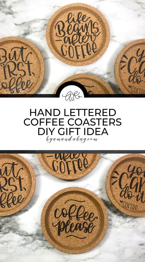 I had no idea how easy it is to hand letter on cork! Totally making some of these hand lettered cork coasters for the coffee lover on my gift list! #cork #corkcoaster #handlettered #homedecor #coffeequotes #byamandakay Cork Coasters Diy, Homemade Coasters, Coasters Diy, Diy Gifts To Make, Coffee Gift Basket, Letter Diy, Coffee Box, Faux Calligraphy, Projets Cricut