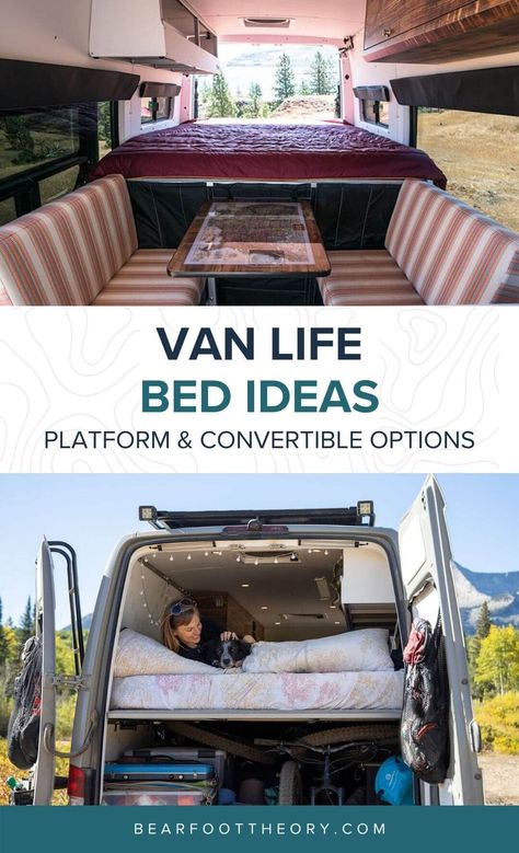 Learn about different camper van bed options including platform and convertible folding van beds plus examples of each. Camper Van Bed Ideas, Van Bed Ideas, Bed Options, Fold Up Beds, Fold Down Beds, Custom Mattress, Camper Beds, Simple Floor Plans, Van Bed