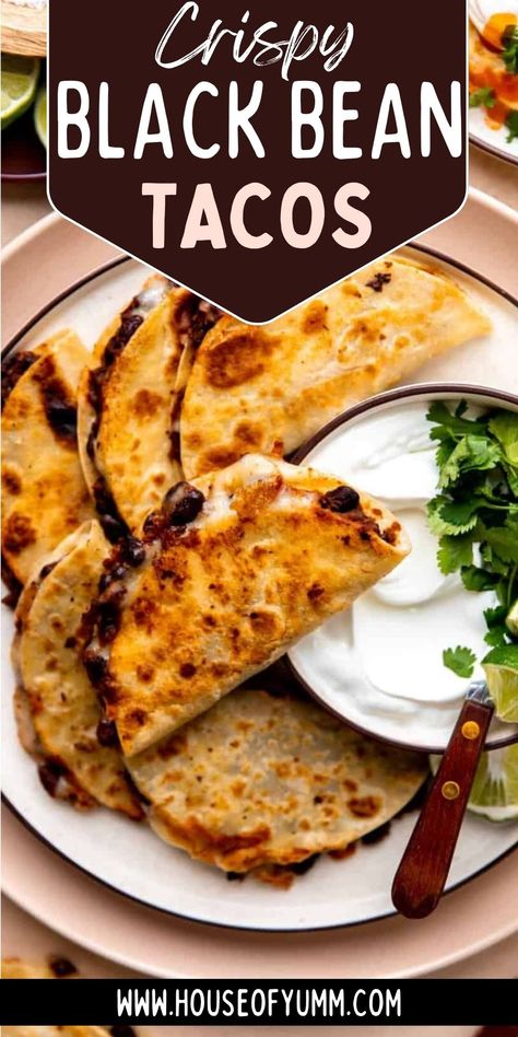 These Crispy Black Bean Tacos are a quick and easy family dinner idea that you can easily whip up with pantry ingredients and just over 30 minute.! Simple ingredients that deliver big flavor the entire family will love. This meat free filling will satisfy all of your taco cravings! Great budget friendly family dinner recipe. Pant Based Recipes, Budget Friendly Mediterranean Meals, Black Bean Tacos Recipes, Recipes With Black Beans, Crispy Black Bean Tacos, Crispy Black Bean, Postpartum Meal, Family Dinner Recipe, Running Food