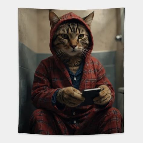 Funny Cat in Pajamas on Toilet with Smartphone | Quirky Animal Humor Art - Funny Cat Art - Tapestry | TeePublic Funny Art, Cat Art, Funny Cats, Funny Animals, Pajamas, Tapestry, Humor, Funny, Animals