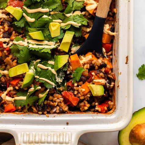 Chipotle Black Bean Dump & Bake Casserole - From My Bowl Vegan Dump And Bake, Black Beans Sweet Potato, Black Bean Casserole, Spicy Broth, Grilled Corn Salsa, Vegan Taco Salad, Chipotle Black Beans, Dump And Bake, Vegan Casserole