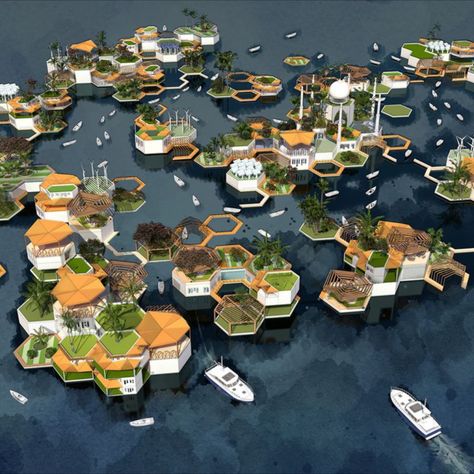 Designing a water resilient neighbourhood Hexagon Landscape Design, Floating Architecture Concept, Hexagon Plan, Floating City Architecture, Floating Community, Floating House Design, Hive Architecture, Floating Cities, Floating Homes