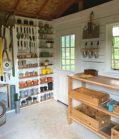 Best garden shed organization I've seen for my uses! - Garden Shed Makeover — Made on 23rd Cute Potting Sheds, Gardening Shed Interiors, Garden Shed Windows, What To Do With Unused Front Living Room, Garden Storage Shed Ideas, Organizing Garden Shed, Hobby Shed Ideas, Inside She Shed Ideas Boho, Gardening Sheds Ideas