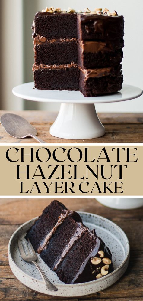 This decadent cake is made with layers of moist, rich chocolate cake, creamy hazelnut frosting, and fudgy, silky smooth chocolate filling. This chocolate hazelnut cake is the ultimate treat for any celebration or holiday! Hazelnut Filling For Cakes, Hazelnut Cake Filling, Best Nutella Recipes, Hazelnut Frosting, Chocolate Filling For Cake, Fudgy Chocolate Cake, Chocolate Hazelnut Cake, Best Christmas Desserts, Cake Filling