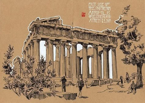 Greece Drawing, Kraft Paper Art, The Parthenon, The Acropolis, Building Drawing, Perspective Art, Architecture Drawing Art, Architectural Sketch, Toned Paper