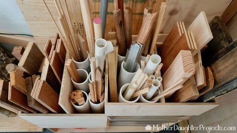 How to build storage for scrap wood of all sizes. #storage #small #2x4 #woodstorage #garage #organization #mobile #movable #drawers #bins #homeimprovement Organizing Wood Scraps, Storage For Wood Scraps, Organize Wood Scraps, How To Organize Scrap Wood In Garage, Wood Cutoff Storage, Wood Scrap Storage Ideas, Garage Scrap Wood Storage, How To Store Scrap Wood, Small Scrap Wood Storage