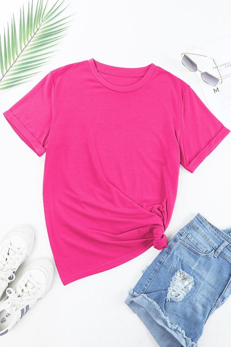 $4.21 Rose Red Casual Plain Crew Neck Tee Wholesale Flower Prints Fashion, Product Mockup, Cricut Fonts, Red Sequin, Round Neck Tees, Roll Up Sleeves, Plus Size Swimwear, Casual Tee, Basic Style