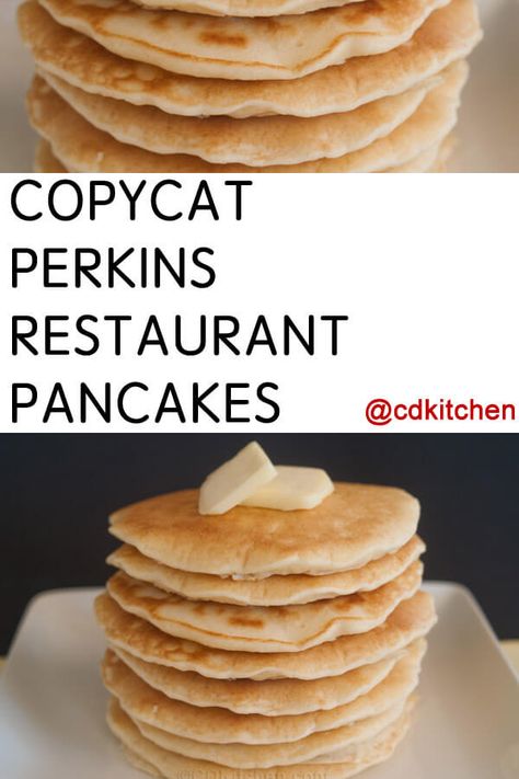 Copycat Perkins Restaurant Pancakes - Make pancakes just like the restaurant does! This recipe contains baking mix, eggs, club soda, and melted margarine or shortening. Made with baking mix, eggs, club soda, shortening or margarine, vegetable oil | CDKitchen.com Perkins Pancake Recipe, Restaurant Pancakes, Perkins Restaurant, Recipes For Guests, Potato Breakfast Recipes, Bonefish Grill, Make Pancakes, Breakfast Brunch Ideas, Copycat Restaurant Recipes