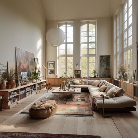 Large Loft Living Room Ideas, Living Room With Artwork, Busy Interior Design, Old Modern Living Room, Living Working Space, Modern Danish House, European Eclectic Design, Neo Industrial Interior Design, Eclectic Home Interior