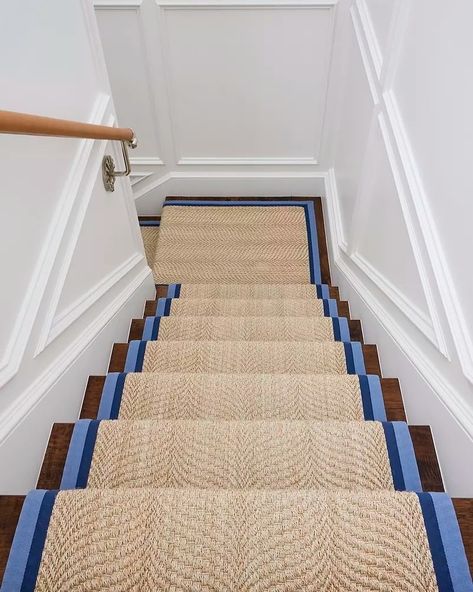 Emily Painter | A perfectly playful pop of blue in the double border of this stair runner, juxtaposes the other traditional elements in this home.… | Instagram Bright Stair Runner, Striped Stair Runner, Beach Bungalow, Modern Stairs, Ocean Park, Beach Bungalows, Stair Runner, April 11, Serena & Lily