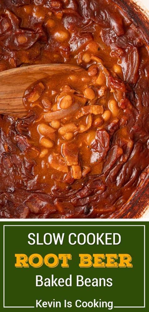 Slow cooked, tender, sweet and savory sums up these Root Beer Baked beans. I use two different beans, root beer and lots of pantry staples with bacon for an out of this world, perfect side dish. Crockpot Baked Beans With Bacon, Root Beer Baked Beans Recipe, Root Beer Baked Beans, Root Beer Baked Beans Crock Pot, Slow Cooker Baked Beans From Scratch, Slow Cooker Homemade Baked Beans, Baked Beans Crock Pot, Halloween Food Dinner, Healthy Recipes Clean