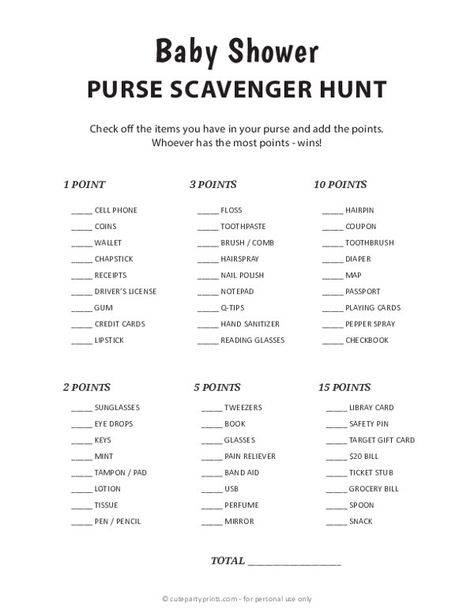 Free Printable Purse Scavenger Hunt Baby Shower Game Purse Scavenger Hunt Printable Free, Baby Shower Decoration Ideas At Home, Baby Shower Schedule, Free Baby Shower Games Printables, Purse Scavenger Hunt, Baby Shower Itinerary, Baby Shower Scavenger Hunt, Baby Shower Bingo Free Printable, Baby Shower Games Free Printables