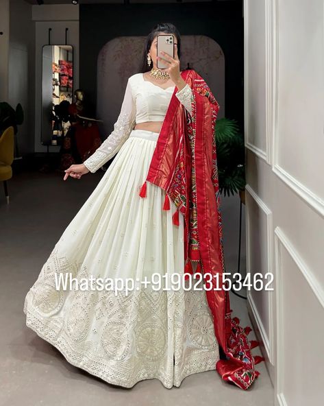 2995/- free shipping White Chikankari Lehenga Choli with Red Patola Printed Dupatta #EthnicWear #LehengaCholi #Chikankari #PatolaDupatta #IndianFashion #TraditionalAttire #BridalWear #DesiOutfit #EthnicElegance #Fashionista #CulturalFashion #IndianOutfit #FestiveFashion #WeddingWear #ElegantEthnic #StyleInspiration White Lehenga With Red Dupatta, White And Red Lehenga, White Chikankari Lehenga, Red Dupatta, Chikankari Lehenga, White Lehenga, Red Shawl, Reception Look, Wedding Indian