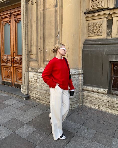 White Button Up Outfit Winter, Red Sweater White Pants, Styling Red Sweater, How To Style A Red Top, Red Sweatshirt Outfit Aesthetic, Red Knitted Sweater Outfit, Red Silk Shirt Outfit, Red And White Outfit Casual, Black And Red Outfit Classy