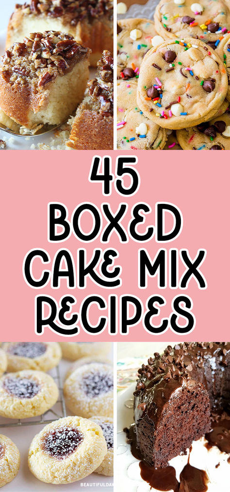 You'll love these easy dessert recieps using boxed cake mix. You find recipes for Yellow Cake Mix Thumbprint Cookies, 5-Ingredient Chocolate Cake, Cake Batter Chocolate Chip Cookies, Pecan Upside Down Bundt Cake and more. These recipes are perfect for a holiday potluck or gathering. Bundt Cakes Made With Cake Mixes, Baking With Cake Mix Boxes, Cake Batter Recipes Boxes, Uses For Cake Mixes, Carrot Cake Box Mix Recipe, Instant Pot Cake Mix Bites, Christmas Box Cake Ideas, Recipes That Use Cake Mix Desserts, Cake Mix Soda Recipes