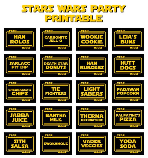 Star Wars Theme Food Ideas, Printable Star Wars Food Labels Free, Starwars Birthday Food Ideas, Star Wars 40th Birthday Party, Star Wars Free Printables Birthday, Starwars Party Ideas For Adults, Free Star Wars Printables Birthday, Star Wars Party Food Labels, Star Wars Party Printables Free