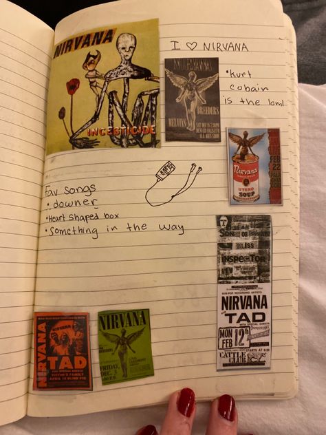 Ideas For A Journal, Diary Journal Ideas, School Sketchbook, Rock Collage, Heart Shaped Things, Notebooks Ideas, Kurt Nirvana, Music Journal, Gorillaz Art