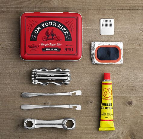 On Your Bike Kit -  Don't let bike trouble leave you flat. Sized to slip in a pocket or pannier, this kit contains essential tools and supplies to patch punctured tires, straighten skewed spokes, tighten loose chains and bolts and get you back on the road.   Packed in a lightweight, sturdy tin: folding, multi-function bike tool with Allen wrenches and Phillips and flat screw-drivers; 2 tire levers; bone wrench w/10 hex sockets; metal rasp; rubber solution with 9 assorted patches and instructions Best Secret Santa Gifts, Suspension Bike, Bicycle Shop, Bike Kit, Bike Tools, Tools And Toys, Bicycle Maintenance, Bicycle Chain, Bike Repair