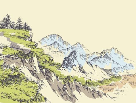 Wilderness drawing. Mountains and alpine vegetation sketch #Sponsored , #SPONSORED, #ad, #drawing, #sketch, #vegetation, #Wilderness Wilderness Drawing, Mountain Ecosystem, Drawing Mountains, Ad Drawing, Mountains Design, Mountain Sketch, Mountain Drawing, Drawing Vector, Background Drawing