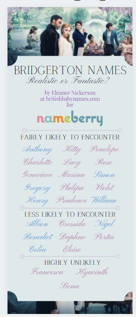 We love all the names in Bridgerton, but are they historically realistic, or pure fantasy? Eleanor Nickerson, an expert in the history of British names, has the answers on our blog. Click through! #babynames #bridgerton #uniquenames #bridgertonnames Bridgerton Baby Names, Royalty Names, Bridgerton Name, Queen Names, Historical Names, British Names, Movie Trivia Questions, 19th Century London, Cool Boy Names